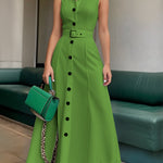A-Line High Waisted Belted Buttoned Solid Color Lapel Maxi Dresses