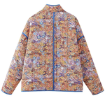 Printed Colorblock Large Pocket Stand Collar Quilted Cotton Jacket