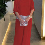 Stylish Sequin Patchwork Dolman Sleeve Top and Elastic Waist Wide Leg Pants Set