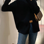 Long Sleeves Loose Split-Front Mock Neck Pullovers Sweater Tops