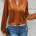 Gold Flame Frilled V Neck Velvet Blouse