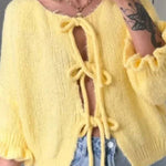 Lace Up Bow Flared Sleeve O-Neck Cardigan Sweater