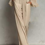 Women's Beige Chiffon Cold-Shoulder Blouse With Flared Sleeves & Wide-Leg Pants Set