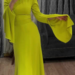 Ruffle Sleeves Skinny Belted Solid Color Round-Neck Maxi Dresses