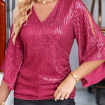 Solid Color Sequined V-neck Hollow Sleeve Slim Fit Top