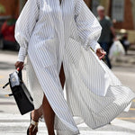 Long Sleeves Loose Buttoned Split-Side Striped Lapel Maxi Dresses Shirt Dress
