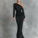 Women's Black Elegant Satin One - Shoulder Ruched Mermaid Maxi Dress