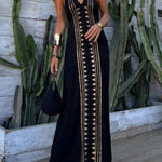 Meret Gold Geometric Print Halter Backless Stretch Maxi Dress