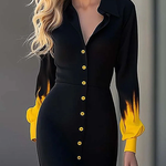Long Sleeves Puff Sleeves Buttoned Gradient Printed Lapel Maxi Dresses Shirt Dress
