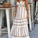 Summer Striped Print Patchwork Ruched Backless Maxi Dress
