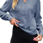 Waffle zipper V-neck pullover long-sleeved sweater