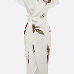 Raglan Sleeve Asymmetric Pleated Printed Split-Joint V-Neck Midi Dresses