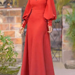 Long Sleeves Loose Buttoned Hollow Solid Color Split-Joint Round-Neck Maxi Dresses