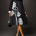 A-Line Long Sleeves Contrast Color Floral Printed Split-Joint High Neck Midi Dresses