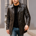 Men's Vintage Distressed PU Leather Double-breasted Short Coat