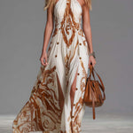 Vintage Bohemia Halter Neck Brown Western Print Off White Chiffon Split Maxi Dress