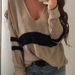 Fashionable Patchwork V-neck Long-sleeved Knitted Sweater
