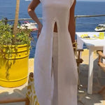 Elegant Resort Linen Blend Stand Neck Front Slit Midi Top and Elastic Waist Loose Pants Set
