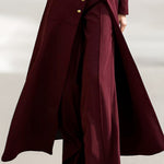 High Waisted Long Sleeves Buttoned Solid Color Split-Front Round-Neck Midi Dresses