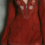 Retro Bell Sleeve Embroidered Rust Red Microsuede Lace Mini Dress