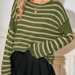 Green Stripe Casual Stripe Round Neck Drop Shoulder Sweater