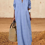 Long Sleeves Striped Lapel Maxi Dresses