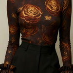 Flared Sleeves Long Sleeves Flower Print High Neck Blouses&Shirts Tops