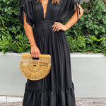 Black Drawstring Pleated Kimono Sleeve Ruffle Maxi Dress