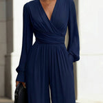 Draped V-Neck Long-Sleeve Wide-Leg Jumpsuit