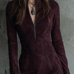 Vintage Suede Embroidered Lace Trim Mini Dress