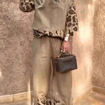 Leopard Print Crew Neck Loose Top and Elastic Waist Casual Wide-leg Pants Set