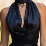 Black Satin Halter Mini Dress With Draped Neckline