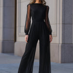 Sheer Sleeve Cinched Waist Wide-Leg Jumpsuit