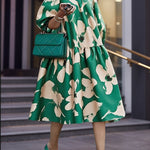 Half Sleeves Loose Flower Print High Neck Midi Dresses