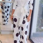 Fashion Lapel Long-sleeved Tie Waist Shirt and Casual Polka Dot Print Wide-leg Pants Set