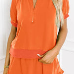 Women's Casual Half-zip Top and Ruffle Shorts Set
