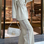 Edan Textured Knit Sequin Patchwork Drawstring Zipper Sweatshirt and Stretch Wide Leg Pants Set