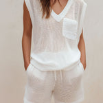 Quiet Luxury Ivory Knit Sleeveless V-Neck Top & Drawstring Shorts Set