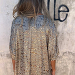 Gray Leopard Print 3/4 Sleeve V Neck Loose Fit T Shirt