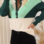 Geometric Color Block Knit Button V Neck Sweater