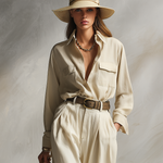 Women's Elegant Beige Long-sleeved Pants Suit Made Of High-quality Natural Cotton And Linen Fabric