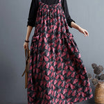 Artistic Retro Ramie Cotton Loose 3 Colors Floral Printed Square-Neck Sleeveless Strap Dress