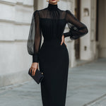 High-Neck Sheer Sleeve Tailored Midi Dress