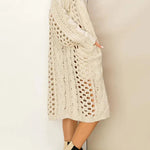 Knit Cable Cotout Long Sleeve Pocket Oversized Midi Cardigan