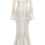 Floral Lace Off Shoulder Flare Sleeve Fishtail Maxi Dresses-White