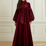 A-Line Long Sleeves Bow-Embellished Pleated Solid Color Split-Joint High Neck Maxi Dresses