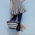 Short Sleeves Pleated Split-Joint Striped Patterns Lapel Blouses&Shirts Tops