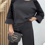 Stylish Sequined Loose-fitting Crew Neck Top and Casual Pocket Wide-leg Pants Set