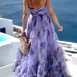 Dreamy Clouds Tulle Printed Rose Detail Cutout Ruffles Tiered Halter Maxi Dress