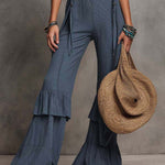 Boho-Vintage Elegant Ruffled V-Neck Cotton-Linen Jumpsuit